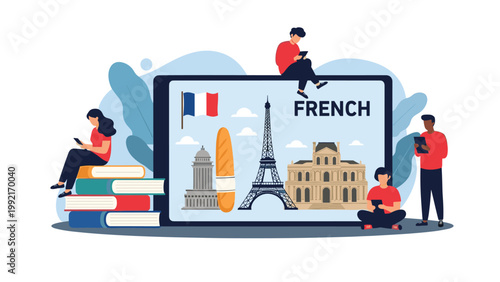 Concept of online French language learning showing students using mobile devices around a tablet with Parisian landmarks.