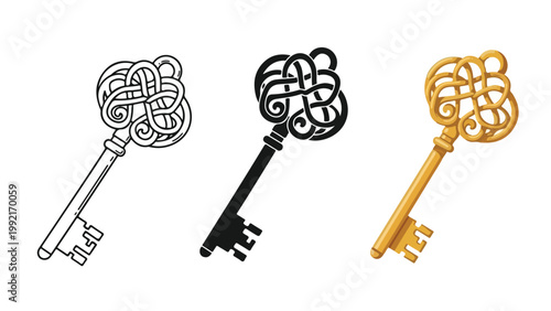 Vintage ornate key vector illustration set - Editable line icons. Vector illustration - Glyph and solid icon set - Icon vector