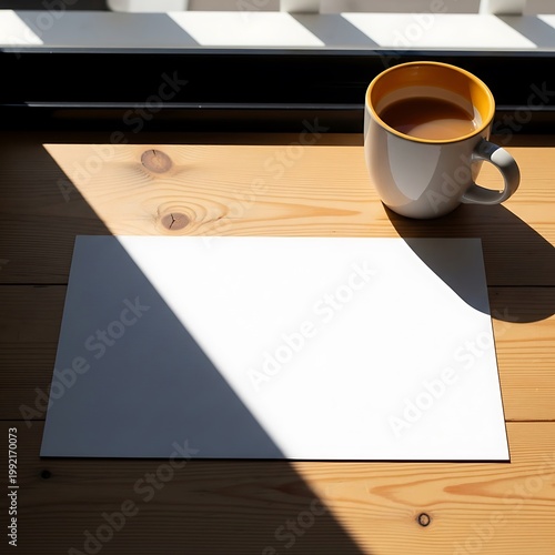 A white mug with yellow interior on a wooden table by a window with a blank white paper