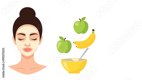 Woman with a cosmetic mask on her face next to a bowl of fresh fruit ingredients like apples and bananas for skin care.