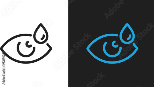Eye, drop icon set representing eye care treatment and vision health, ocular medication symbols, outline and solid styles, clean vector illustration.