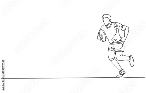 Rugby player running with ball in continuous line art style single line team sport illustration minimalist movement athleticism competition determination training recreation activity