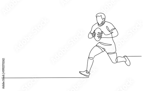 Rugby player running with ball in continuous line art style single line team sport illustration minimalist movement athleticism competition determination training recreation activity