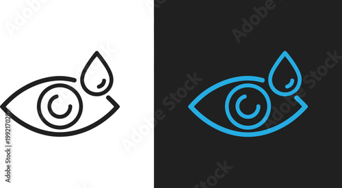 Eye, drop icon set representing eye care treatment and vision health, ocular medication symbols, outline and solid styles, clean vector illustration.