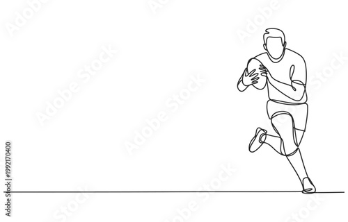 Rugby player running with ball in continuous line art style single line team sport illustration minimalist movement athleticism competition determination training recreation activity