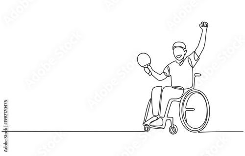 Athlete in wheelchair celebrating victory with ball in hand line art single line wheelchair celebration disabled handicap mobility inclusive competition recreation determination champion