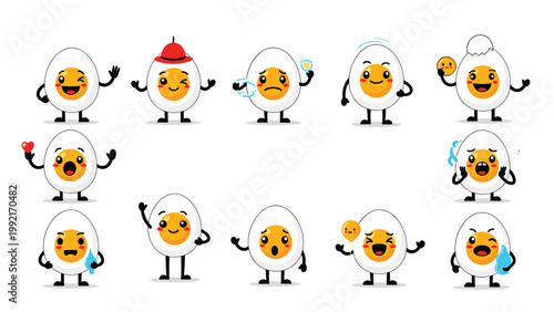 Collection of cute boiled egg characters displaying various emotions and expressions including happy, sad, surprised, and angry.