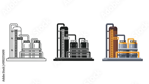 Industrial oil refinery plant vector graphics - Solid vector icons - Clipart, sticker - icon set