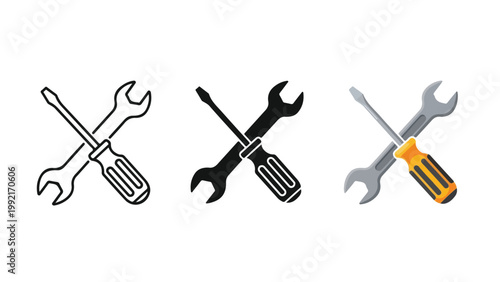 Crossed screwdriver and wrench vector tool set - logo icons vector set. Blue, Black and white icons