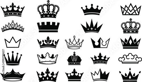 Crown icons set collection royal symbols king queen tiara silhouettes black vector isolated design elements