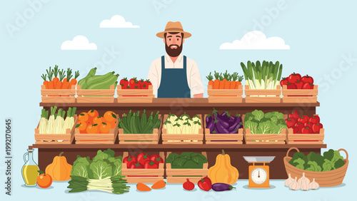 Friendly male farmer wearing a straw hat and apron standing behind a market stall overflowing with fresh organic vegetables.