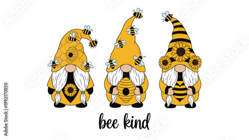 Charming trio of gnomes with bumblebee and sunflower motifs holding a honeycomb and flowers above the words bee kind.