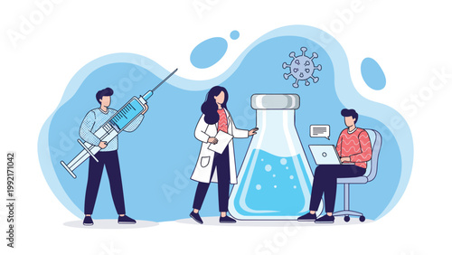 Team of medical professionals working on a coronavirus vaccine development with a giant syringe, beaker, and laptop.