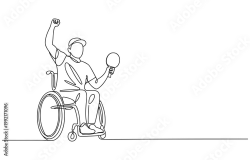 Athlete in wheelchair celebrating victory with ball in hand line art single line wheelchair celebration disabled handicap mobility inclusive competition recreation determination champion
