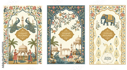 Indian mughal style decorative art panels with traditional architecture and motifs
