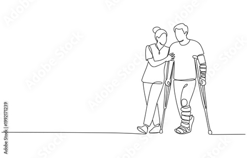 Supportive woman helping injured man with crutches and medical cast to walk leg cast physical therapy human connection health support medical assistance two people line art crutches recovery