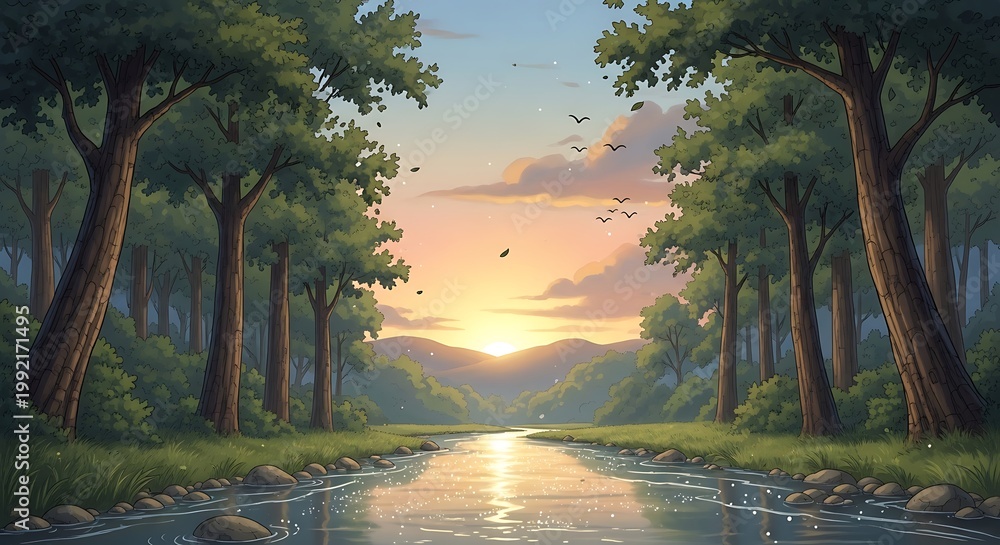 Obraz premium Serene forest river at golden sunset with distant mountains