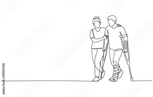 Injured man on crutches aided by a woman in a supportive walk leg cast physical therapy human connection health support medical assistance two people line art assistance crutches recovery