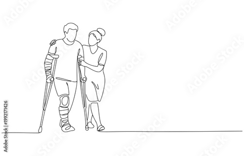 Assistance for injured man walking with crutches and cast by a supportive woman leg cast broken leg injury recovery physical therapy medical assistance human connection health support