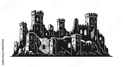 Ruined medieval castle towers silhouette.