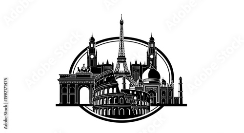 Black and white illustration landmarks collage.