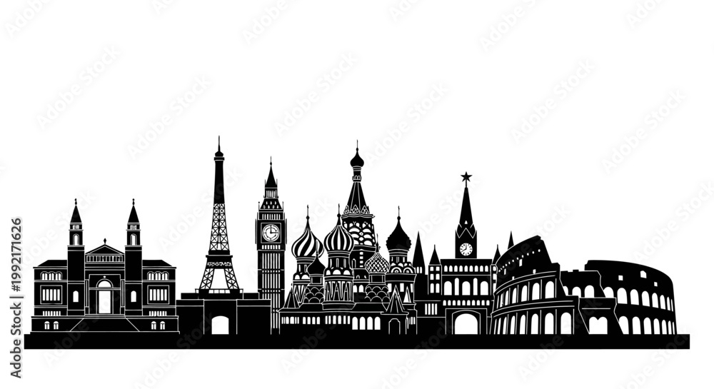 Fototapeta premium Collection of famous world landmarks silhouette.