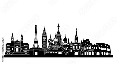 Collection of famous world landmarks silhouette.