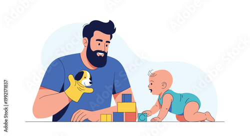 Loving father playing with his baby on the floor using a dog hand puppet and colorful toy blocks to encourage early childhood development.