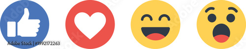 Emoji, flat color icon set for social media reactions, expressive emotion symbols, modern communication interface design, clean vector illustration.