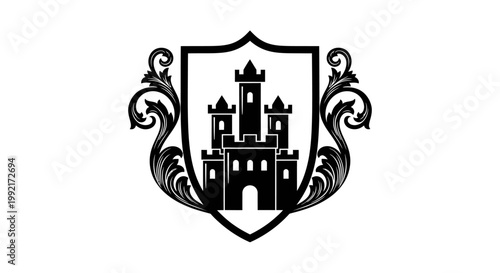 Black castle on a shield logo.