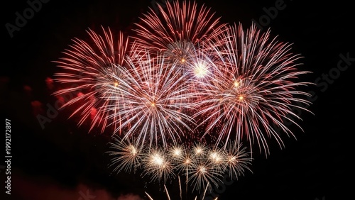 Colorful fireworks display exploding against a dark night sky background
