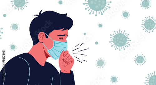 Sick man wearing a blue surgical mask coughs into his hand while being surrounded by floating virus particles representing an illness.