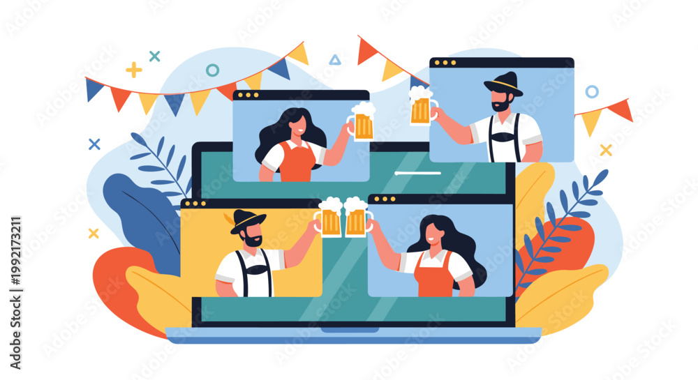 Naklejka premium Group of people in traditional Bavarian clothing have a virtual beer celebration on a laptop screen with festive flags and leaves.