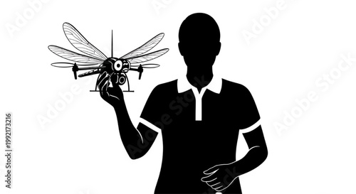 Silhouette of a person holding a dragonfly drone for advanced bionic surveillance