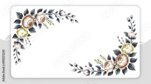 Vintage floral corner design with delicate blossoms and green foliage on white background