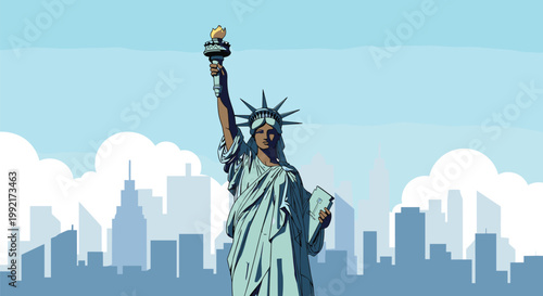 Iconic Statue of Liberty standing prominently against a light blue city skyline and white clouds in New York City.