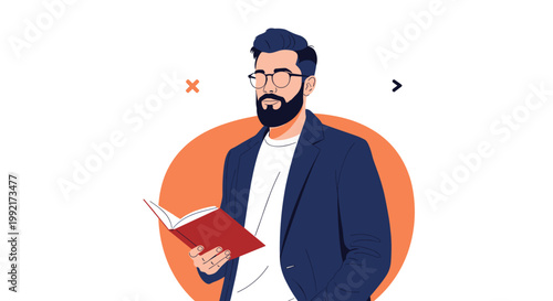 Intellectual man with a beard and glasses wearing a suit jacket and reading a red book against a minimalist background.