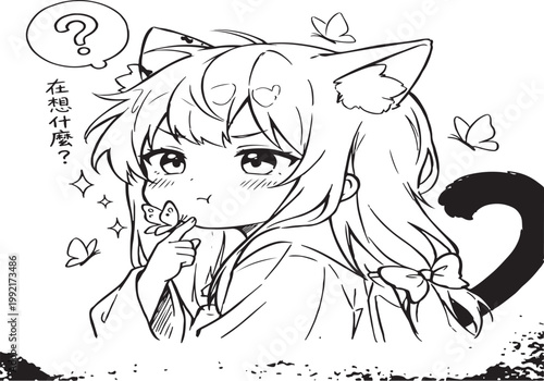 Kawaii Anime Cat Girl & Butterflies Sketch