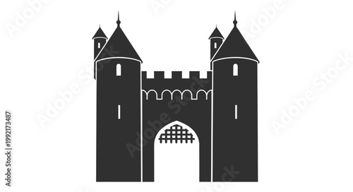 Black silhouette of castle entrance gate.