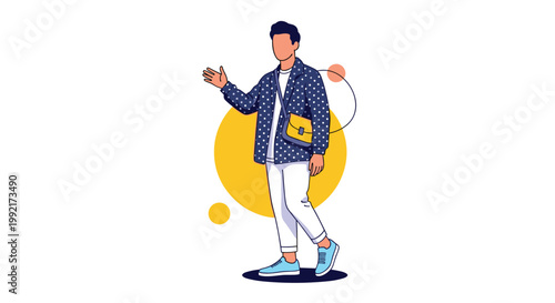 Stylish young man wearing a polka dot jacket and carrying a yellow cross-body bag while waving his hand in a friendly manner.