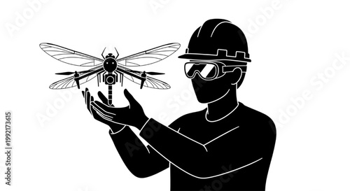 Man holding a dragonfly-like drone symbolizing bionic innovation and future tech