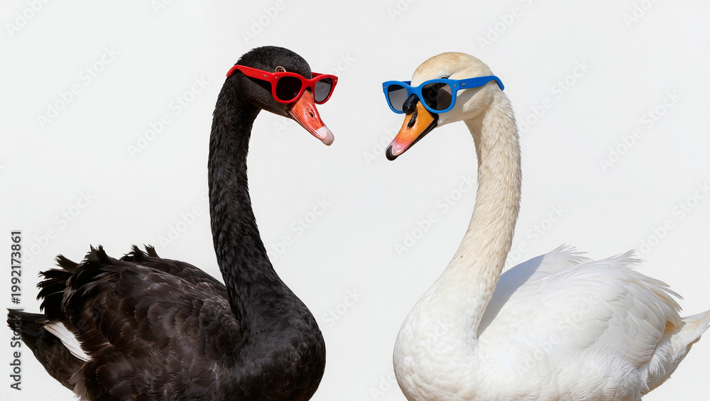 Fototapeta premium Close up a black swan wearing red sunglasses and white swan wearing blue sunglasses , isolate , white background.