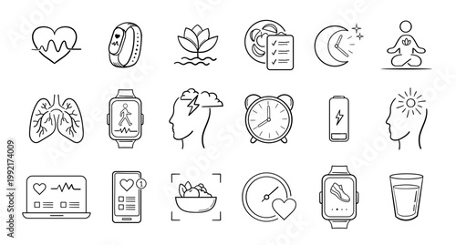 Health and Wellness App Line Icons Set.  Fitness Tracking, Meditation, Telemedicine, Nutrition, Sleep. Digital Health UI Collection