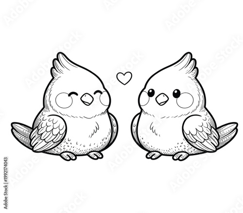 Minimalist Kawaii Lovebirds Line Art