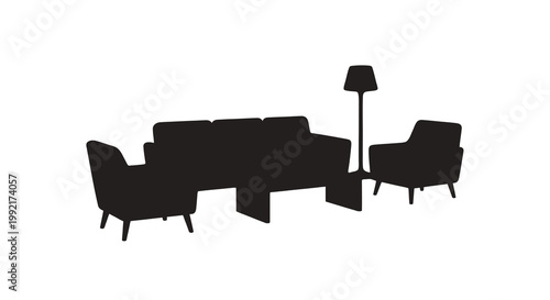 Modern living room furniture set depicted in a dark silhouette