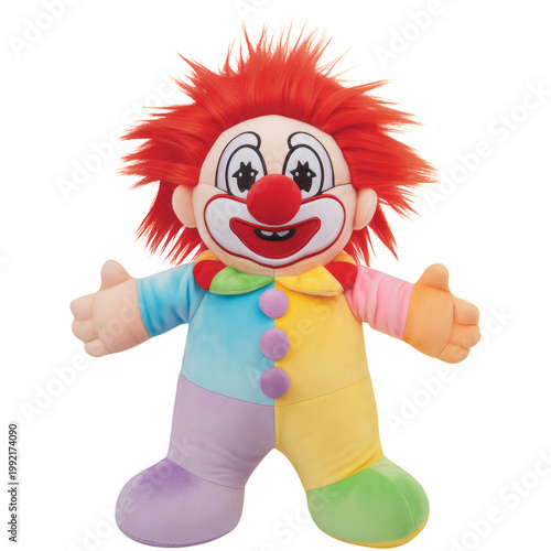 Colorful plush clown toy with red hair and rainbow outfit smiling isolated on transparent background