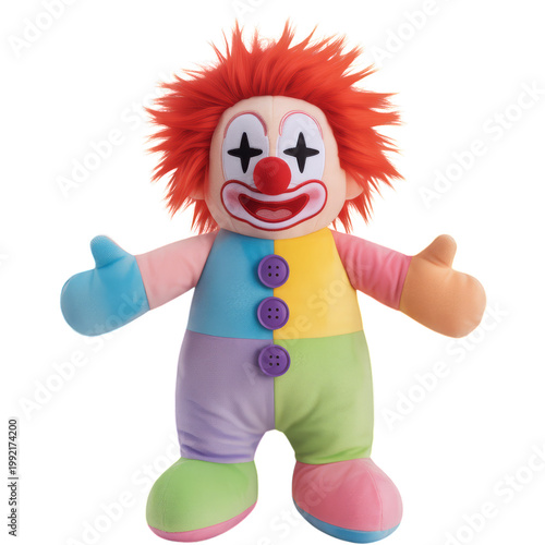 Colorful plush clown toy with red hair and thumbs up gesture isolated on transparent background