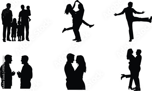 Family and couple silhouettes set, love dancing and conversation poses, happy lifestyle moments, isolated black figures, relationship illustration design bundle