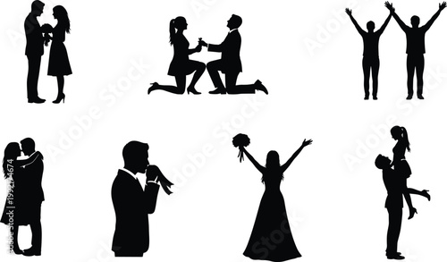 Family and romantic couple silhouettes set, proposal love moments collection, happy celebration poses, isolated black figures, lifestyle illustration design bundle