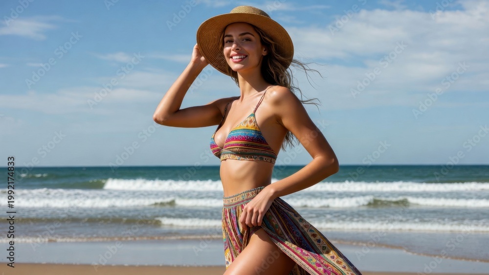 Naklejka premium Young woman smiling and posing on ocean sandy beach
